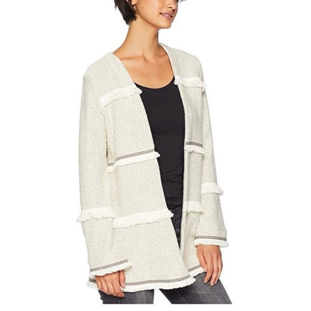 Jack by BB Dakota Ivory Open-Front Bouclé Cardigan with Fringe Trim